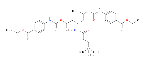 diethyl 4,4'-(((((2-(3-(trimethylstannyl)propanoyl)hydrazine-1,1-diyl)bis(propane-2,1-diyl))bis(oxy))bis(carbonyl))bis(azanediyl))dibenzoate