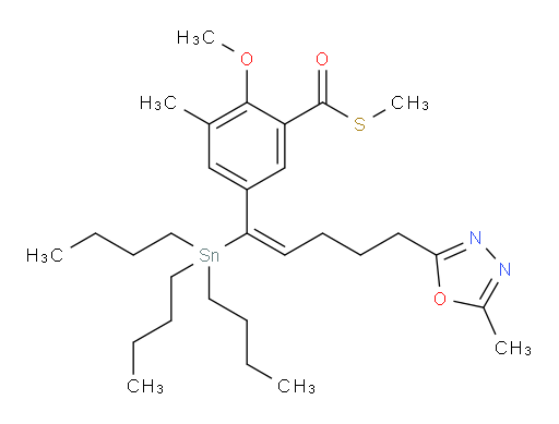 (E)-S-methyl 2-methoxy-3-methyl-5-(5-(5-methyl-1,3,4-oxadiazol-2-yl)-1-(tributylstannyl)pent-1-en-1-yl)benzothioate