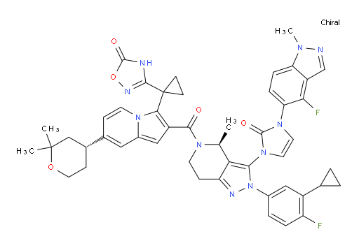 3-(1-(2-((S)-2-(3-cyclopropyl-4-fluorophenyl)-3-(3-(4-fluoro-1-methyl-1H-indazol-5-yl)-2-oxo-2,3-dihydro-1H-imidazol-1-yl)-4-methyl-4,5,6,7-tetrahydro-2H-pyrazolo[4,3-c]pyridine-5-carbonyl)-7-((R)-2,2-dimethyltetrahydro-2H-pyran-4-yl)indolizin-3-yl)cyclopropyl)-1,2,4-oxadiazol-5(4H)-one