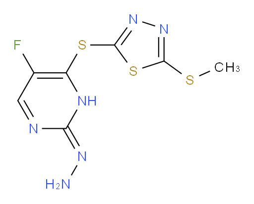 (Z)-2-((5-fluoro-2-hydrazono-2,3-dihydropyrimidin-4-yl)thio)-5-(methylthio)-1,3,4-thiadiazole
