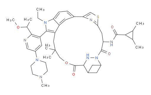 Cyclopropanecarboxamide, N-[(3R,9S,15S)-2-ethyl-2,4,5,6,9,10,11,12,15,16-decahydro-3-[2-[(1S)-1-methoxyethyl]-5-(4-methyl-1-piperazinyl)-3-pyridinyl]-5,5-dimethyl-8,14-dioxo-17H-19,21-methano-5,3-([4,2]-endo-thiazolopropano[1,3]-endo-pyridazinomethanoxypropano)-1H-indol-15-yl]-2,3-dimethyl-, (1α,2β,3β)- (ACI)