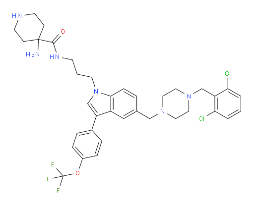 4-Amino-N-[3-[5-[[4-[(2,6-dichlorophenyl)methyl]-1-piperazinyl]methyl]-3-[4-(trifluoromethoxy)phenyl]-1H-indol-1-yl]propyl]-4-piperidinecarboxamide (ACI)