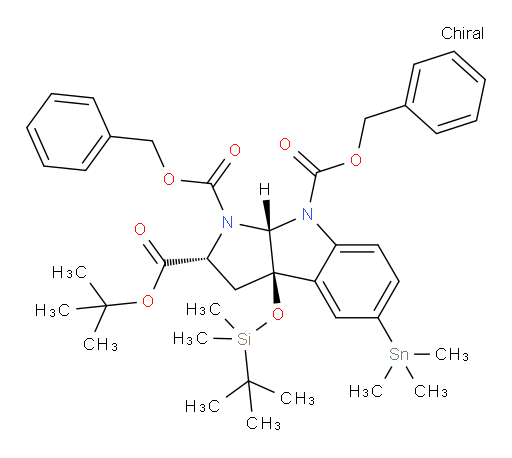 (2R,3aR,8aR)-1,8-dibenzyl 2-tert-butyl 3a-((tert-butyldimethylsilyl)oxy)-5-(trimethylstannyl)-3,3a-dihydropyrrolo[2,3-b]indole-1,2,8(2H,8aH)-tricarboxylate