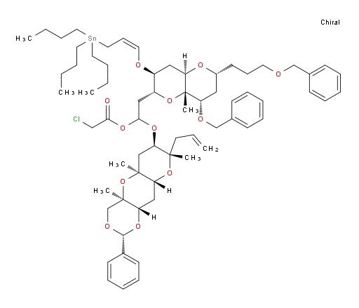 1-(((2R,4aR,5aS,7R,8S,9aR,10aS)-8-allyl-4a,5a,8-trimethyl-2-phenyloctahydro-4H-pyrano[2',3':5,6]pyrano[3,2-d][1,3]dioxin-7-yl)oxy)-2-((2R,3S,4aR,6R,8S,8aS)-8-(benzyloxy)-6-(3-(benzyloxy)propyl)-8a-methyl-3-(((Z)-3-(tributylstannyl)prop-1-en-1-yl)oxy)octahydropyrano[3,2-b]pyran-2-yl)ethyl 2-chloroacetate