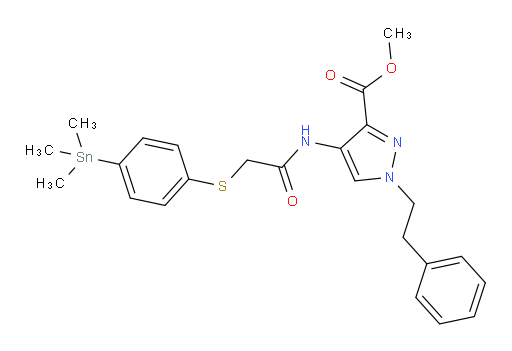 methyl 1-phenethyl-4-(2-((4-(trimethylstannyl)phenyl)thio)acetamido)-1H-pyrazole-3-carboxylate