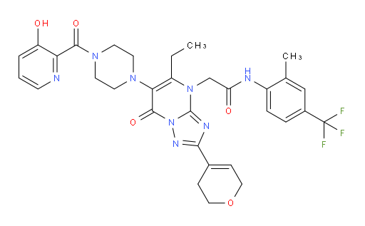 2-(2-(3,6-dihydro-2H-pyran-4-yl)-5-ethyl-6-(4-(3-hydroxypicolinoyl)piperazin-1-yl)-7-oxo-[1,2,4]triazolo[1,5-a]pyrimidin-4(7H)-yl)-N-(2-methyl-4-(trifluoromethyl)phenyl)acetamide