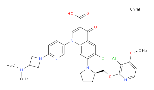 6-Chloro-7-[(2R)-2-[[(3-chloro-4-methoxy-2-pyridinyl)oxy]methyl]-1-pyrrolidinyl]-1-[6-[3-(dimethylamino)-1-azetidinyl]-3-pyridinyl]-1,4-dihydro-4-oxo-3-quinolinecarboxylic acid (ACI)