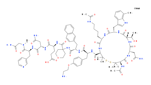 Glycinamide, N-acetyl-3-mercapto-L-valyl-L-asparaginyl-L-threonyl-7-methyl-L-tryptophyl-N6-acetyl-L-lysyl-3-mercapto-L-valyl-O-(2-aminoethyl)-L-tyrosyl-3-(2-naphthalenyl)-L-alanyl-4-aminotetrahydro-2H-pyran-4-carbonyl-L-α-glutamyl-L-asparaginyl-3-(3-pyridinyl)-L-alanyl-N2-methyl-, cyclic (1→6)-disulfide (ACI)