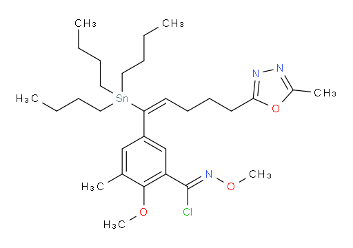 (Z)-N,2-dimethoxy-3-methyl-5-((E)-5-(5-methyl-1,3,4-oxadiazol-2-yl)-1-(tributylstannyl)pent-1-en-1-yl)benzimidoyl chloride