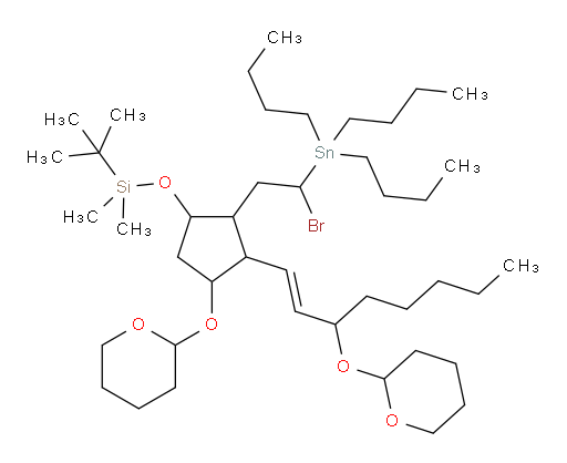 (E)-((2-(2-bromo-2-(tributylstannyl)ethyl)-4-((tetrahydro-2H-pyran-2-yl)oxy)-3-(3-((tetrahydro-2H-pyran-2-yl)oxy)oct-1-en-1-yl)cyclopentyl)oxy)(tert-butyl)dimethylsilane