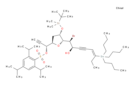 (R)-1-((2R,4S,5R)-5-((1S,2R,E)-1-bromo-2-hydroxy-6-(tributylstannyl)oct-5-en-3-yn-1-yl)-4-((tert-butyldimethylsilyl)oxy)tetrahydrofuran-2-yl)prop-2-yn-1-yl 2,4,6-triisopropylbenzenesulfonate