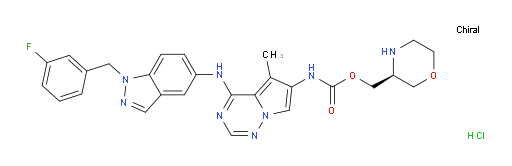 Carbamic acid, N-[4-[[1-[(3-fluorophenyl)methyl]-1H-indazol-5-yl]amino]-5-methylpyrrolo[2,1-f][1,2,4]triazin-6-yl]-, (3S)-3-morpholinylmethyl ester, hydrochloride (1:2) (ACI)