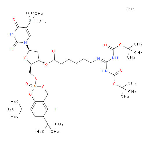 (2R,3S,5R)-2-(((6,8-di-tert-butyl-5-fluoro-2-oxido-4H-benzo[d][1,3,2]dioxaphosphinin-2-yl)oxy)methyl)-5-(2,4-dioxo-5-(trimethylstannyl)-3,4-dihydropyrimidin-1(2H)-yl)tetrahydrofuran-3-yl 6-((2,2,10,10-tetramethyl-4,8-dioxo-3,9-dioxa-5,7-diazaundecan-6-ylidene)amino)hexanoate