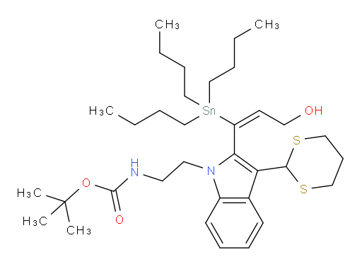 (E)-tert-butyl (2-(3-(1,3-dithian-2-yl)-2-(3-hydroxy-1-(tributylstannyl)prop-1-en-1-yl)-1H-indol-1-yl)ethyl)carbamate