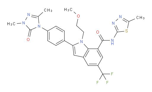 1H-Indole-7-carboxamide, 2-[4-(1,5-dihydro-1,3-dimethyl-5-oxo-4H-1,2,4-triazol-4-yl)phenyl]-1-(2-methoxyethyl)-N-(5-methyl-1,3,4-thiadiazol-2-yl)-5-(trifluoromethyl)- (ACI)