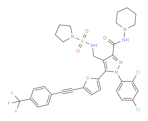 1-(2,4-Dichlorophenyl)-N-1-piperidinyl-4-[[(1-pyrrolidinylsulfonyl)amino]methyl]-5-[5-[2-[4-(trifluoromethyl)phenyl]ethynyl]-2-thienyl]-1H-pyrazole-3-carboxamide (ACI)