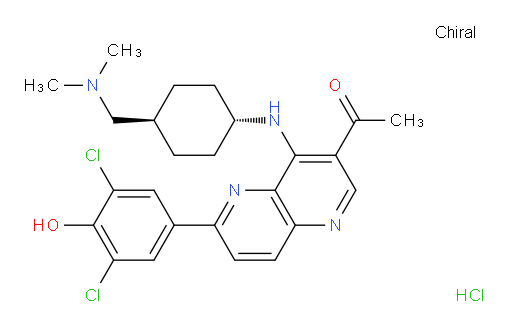 Ethanone, 1-[6-(3,5-dichloro-4-hydroxyphenyl)-4-[[trans-4-[(dimethylamino)methyl]cyclohexyl]amino]-1,5-naphthyridin-3-yl]-, hydrochloride (1:1) (ACI)