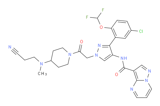 Pyrazolo[1,5-a]pyrimidine-3-carboxamide, N-[3-[5-chloro-2-(difluoromethoxy)phenyl]-1-[2-[4-[(2-cyanoethyl)methylamino]-1-piperidinyl]-2-oxoethyl]-1H-pyrazol-4-yl]- (ZCI)
