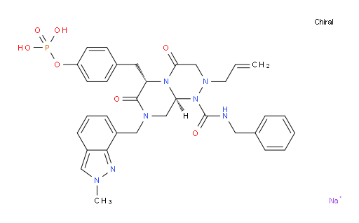 2H-Pyrazino[2,1-c][1,2,4]triazine-1(6H)-carboxamide, hexahydro-8-[(2-methyl-2H-indazol-7-yl)methyl]-4,7-dioxo-N-(phenylmethyl)-6-[[4-(phosphonooxy)phenyl]methyl]-2-(2-propen-1-yl)-, sodium salt (1:2), (6S,9aS)- (ACI)