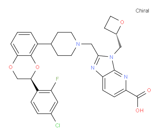 2-[[4-[(3S)-3-(4-Chloro-2-fluorophenyl)-2,3-dihydro-1,4-benzodioxin-5-yl]-1-piperidinyl]methyl]-3-[(2S)-2-oxetanylmethyl]-3H-imidazo[4,5-b]pyridine-5-carboxylic acid (ACI)