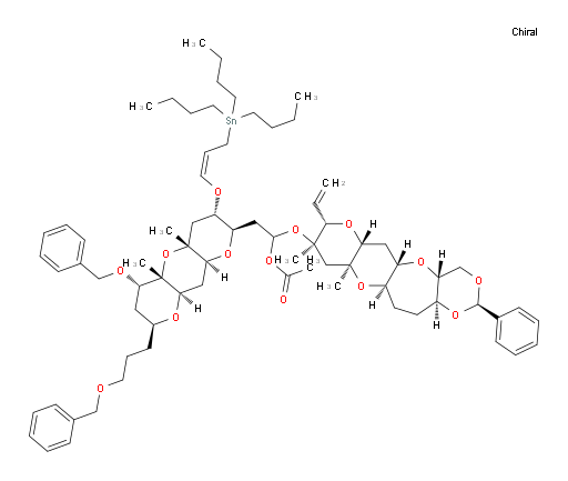 2-((2R,3S,4aR,5aS,6S,8S,9aR,10aS)-6-(benzyloxy)-8-(3-(benzyloxy)propyl)-4a,5a-dimethyl-3-(((Z)-3-(tributylstannyl)prop-1-en-1-yl)oxy)decahydro-2H-dipyrano[3,2-b:2',3'-e]pyran-2-yl)-1-(((2R,4aR,5aS,6aR,8S,9R,10aS,11aR,13aS)-9,10a-dimethyl-2-phenyl-8-vinyldodecahydro-4H-[1,3]dioxino[5,4-b]pyrano[2',3':5,6]pyrano[2,3-f]oxepin-9-yl)oxy)ethyl acetate