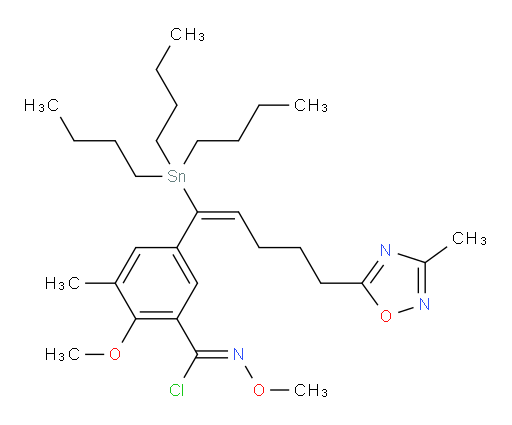 (Z)-N,2-dimethoxy-3-methyl-5-((E)-5-(3-methyl-1,2,4-oxadiazol-5-yl)-1-(tributylstannyl)pent-1-en-1-yl)benzimidoyl chloride