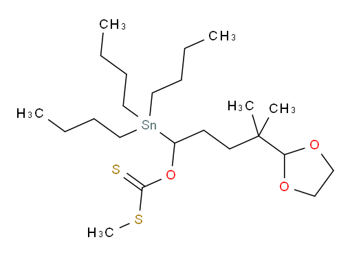 O-(4-(1,3-dioxolan-2-yl)-4-methyl-1-(tributylstannyl)pentyl) S-methyl carbonodithioate