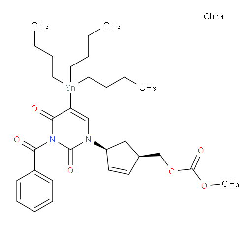 ((1R,4S)-4-(3-benzoyl-2,4-dioxo-5-(tributylstannyl)-3,4-dihydropyrimidin-1(2H)-yl)cyclopent-2-en-1-yl)methyl methyl carbonate