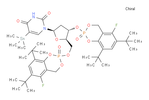 1-((2R,4S,5R)-4-((6,8-di-tert-butyl-5-fluoro-2-oxido-4H-benzo[d][1,3,2]dioxaphosphinin-2-yl)oxy)-5-(((6,8-di-tert-butyl-5-fluoro-2-oxido-4H-benzo[d][1,3,2]dioxaphosphinin-2-yl)oxy)methyl)tetrahydrofuran-2-yl)-5-(trimethylstannyl)pyrimidine-2,4(1H,3H)-dione