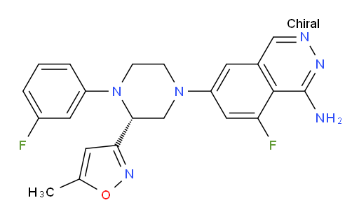 1-Phthalazinamine, 8-fluoro-6-[(3R)-4-(3-fluorophenyl)-3-(5-methyl-3-isoxazolyl)-1-piperazinyl]- (ACI)