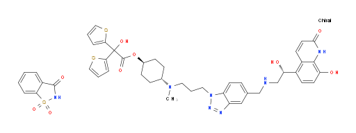 2-Thiopheneacetic acid, α-hydroxy-α-2-thienyl-, trans-4-[[3-[5-[[[(2R)-2-(1,2-dihydro-8-hydroxy-2-oxo-5-quinolinyl)-2-hydroxyethyl]amino]methyl]-1H-benzotriazol-1-yl]propyl]methylamino]cyclohexyl ester, compd. with 1,2-benzisothiazol-3(2H)-one 1,1-dioxide (1:1) (ACI)