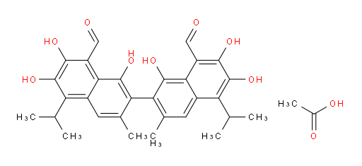 Acetic acid, compd. with (2S)-1,1′,6,6′,7,7′-hexahydroxy-3,3′-dimethyl-5,5′-bis(1-methylethyl)[2,2′-binaphthalene]-8,8′-dicarboxaldehyde (1:1) (ACI)