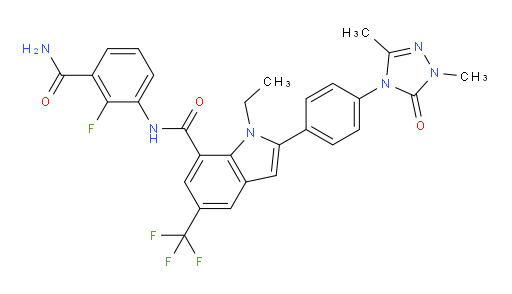 1H-Indole-7-carboxamide, N-[3-(aminocarbonyl)-2-fluorophenyl]-2-[4-(1,5-dihydro-1,3-dimethyl-5-oxo-4H-1,2,4-triazol-4-yl)phenyl]-1-ethyl-5-(trifluoromethyl)- (ACI)