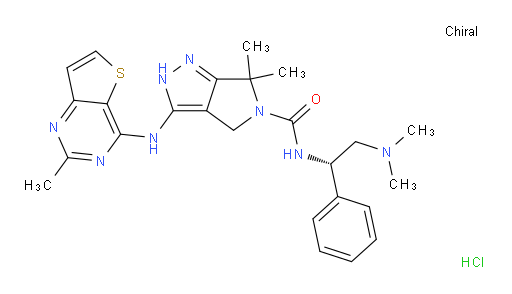Pyrrolo[3,4-c]pyrazole-5(4H)-carboxamide, N-[(1S)-2-(dimethylamino)-1-phenylethyl]-2,6-dihydro-6,6-dimethyl-3-[(2-methylthieno[3,2-d]pyrimidin-4-yl)amino]-, hydrochloride (1:1) (ACI)