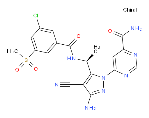 (S)-6-(3-amino-5-(1-(3-chloro-5-(methylsulfonyl)benzamido)ethyl)-4-cyano-1H-pyrazol-1-yl)pyrimidine-4-carboxamide