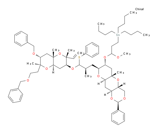 (3-(((2R,4aR,5aS,7R,8S,9aR,10aS)-8-((2R)-3-(((2R,3S,4aR,6S,7R,8aS)-7-(benzyloxy)-6-(2-(benzyloxy)ethyl)-2,6,8a-trimethyl-2-vinyloctahydropyrano[3,2-b]pyran-3-yl)oxy)-2-methyl-3-(phenylthio)propyl)-5a-methyl-2-phenyloctahydro-4H-pyrano[2',3':5,6]pyrano[3,2-d][1,3]dioxin-7-yl)oxy)-3-methoxypropyl)tributylstannane