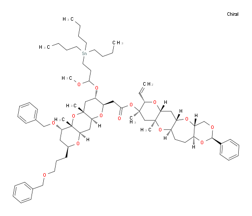 (2R,4aR,5aS,6aR,8S,9R,10aS,11aR,13aS)-9,10a-dimethyl-2-phenyl-8-vinyldodecahydro-4H-[1,3]dioxino[5,4-b]pyrano[2',3':5,6]pyrano[2,3-f]oxepin-9-yl 2-((2R,3S,4aR,5aS,6S,8S,9aR,10aS)-6-(benzyloxy)-8-(3-(benzyloxy)propyl)-3-(1-methoxy-3-(tributylstannyl)propoxy)-4a,5a-dimethyldecahydro-2H-dipyrano[3,2-b:2',3'-e]pyran-2-yl)acetate