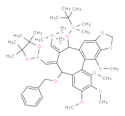(((6E,7Z)-5-(benzyloxy)-1,2,3,13-tetramethoxy-6-((4,4,5,5-tetramethyl-1,3,2-dioxaborolan-2-yl)methylene)-7-((trimethylstannyl)methylene)-5,6,7,8-tetrahydrobenzo[3',4']cycloocta[1',2':4,5]benzo[1,2-d][1,3]dioxol-8-yl)oxy)(tert-butyl)dimethylsilane