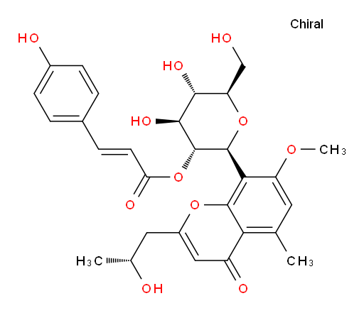 8-[2-O-[(2E)-3-(4-Hydroxyphenyl)-1-oxo-2-propen-1-yl]-β-D-glucopyranosyl]-2-[(2R)-2-hydroxypropyl]-7-methoxy-5-methyl-4H-1-benzopyran-4-one (ACI)