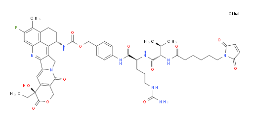 L-Ornithinamide, N-[6-(2,5-dihydro-2,5-dioxo-1H-pyrrol-1-yl)-1-oxohexyl]-L-valyl-N5-(aminocarbonyl)-N-[4-[[[[[(1S,9S)-9-ethyl-5-fluoro-2,3,9,10,13,15-hexahydro-9-hydroxy-4-methyl-10,13-dioxo-1H,12H-benzo[de]pyrano[3′,4′:6,7]indolizino[1,2-b]quinolin-1-yl]amino]carbonyl]oxy]methyl]phenyl]- (ACI)