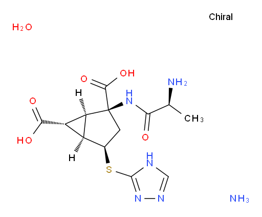 Bicyclo[3.1.0]hexane-2,6-dicarboxylic acid, 2-[[(2S)-2-amino-1-oxopropyl]amino]-4-(1H-1,2,4-triazol-5-ylthio)-, ammonium salt, hydrate (1:1:1), (1R,2S,4R,5R,6R)- (ACI)