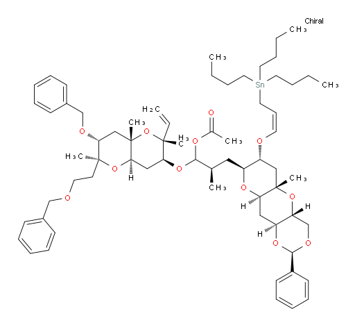 (2R)-1-(((2R,3S,4aR,6S,7R,8aS)-7-(benzyloxy)-6-(2-(benzyloxy)ethyl)-2,6,8a-trimethyl-2-vinyloctahydropyrano[3,2-b]pyran-3-yl)oxy)-2-methyl-3-((2R,4aR,5aS,7R,8S,9aR,10aS)-5a-methyl-2-phenyl-7-(((Z)-3-(tributylstannyl)prop-1-en-1-yl)oxy)octahydro-4H-pyrano[2',3':5,6]pyrano[3,2-d][1,3]dioxin-8-yl)propyl acetate