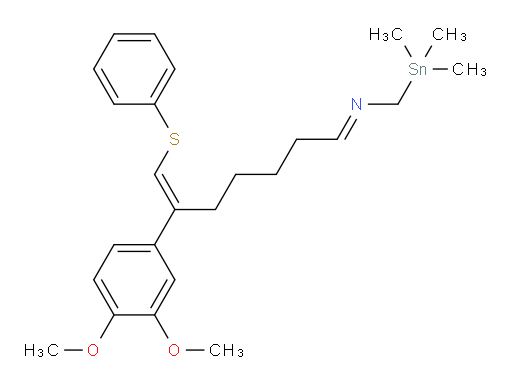 (E)-N-((E)-6-(3,4-dimethoxyphenyl)-7-(phenylthio)hept-6-en-1-ylidene)-1-(trimethylstannyl)methanamine