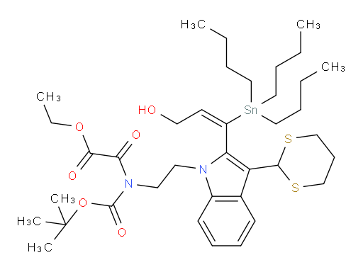 (E)-ethyl 2-((2-(3-(1,3-dithian-2-yl)-2-(3-hydroxy-1-(tributylstannyl)prop-1-en-1-yl)-1H-indol-1-yl)ethyl)(tert-butoxycarbonyl)amino)-2-oxoacetate