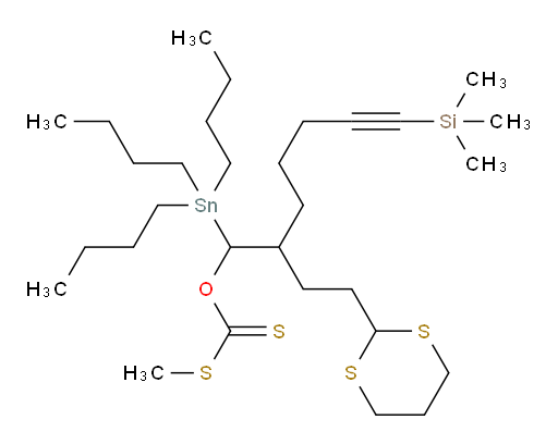 O-(2-(2-(1,3-dithian-2-yl)ethyl)-1-(tributylstannyl)-7-(trimethylsilyl)hept-6-yn-1-yl) S-methyl carbonodithioate