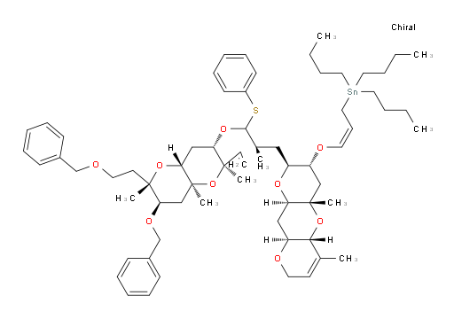 ((Z)-3-(((2S,3R,4aS,5aR,9aS,10aR)-2-((2R)-3-(((2R,3S,4aR,6S,7R,8aS)-7-(benzyloxy)-6-(2-(benzyloxy)ethyl)-2,6,8a-trimethyl-2-vinyloctahydropyrano[3,2-b]pyran-3-yl)oxy)-2-methyl-3-(phenylthio)propyl)-4a,6-dimethyl-3,4,4a,5a,8,9a,10,10a-octahydro-2H-dipyrano[3,2-b:2',3'-e]pyran-3-yl)oxy)allyl)tributylstannane