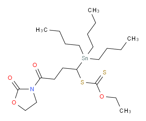 O-ethyl S-(4-oxo-4-(2-oxooxazolidin-3-yl)-1-(tributylstannyl)butyl) carbonodithioate