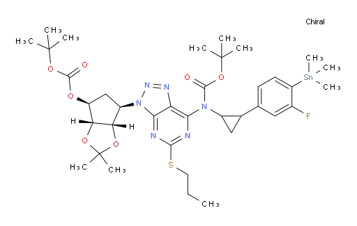 tert-butyl (3-((3aS,4R,6S,6aR)-6-((tert-butoxycarbonyl)oxy)-2,2-dimethyltetrahydro-3aH-cyclopenta[d][1,3]dioxol-4-yl)-5-(propylthio)-3H-[1,2,3]triazolo[4,5-d]pyrimidin-7-yl)(2-(3-fluoro-4-(trimethylstannyl)phenyl)cyclopropyl)carbamate