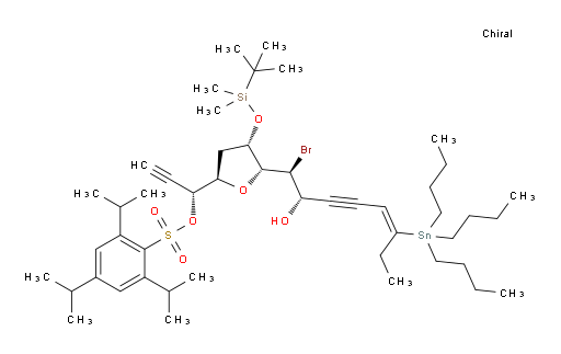 (R)-1-((2R,4S,5R)-5-((1S,2S,E)-1-bromo-2-hydroxy-6-(tributylstannyl)oct-5-en-3-yn-1-yl)-4-((tert-butyldimethylsilyl)oxy)tetrahydrofuran-2-yl)prop-2-yn-1-yl 2,4,6-triisopropylbenzenesulfonate