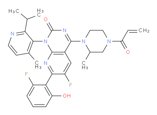 Pyrido[2,3-d]pyrimidin-2(1H)-one, 6-fluoro-7-(2-fluoro-6-hydroxyphenyl)-1-[4-methyl-2-(1-methylethyl)-3-pyridinyl]-4-[(2S)-2-methyl-4-(1-oxo-2-propen-1-yl)-1-piperazinyl]-, (1R)-